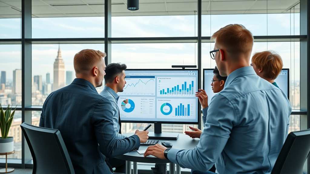 marketing professionals analyzing cost of google ads data in a modern glass office environment with digital dashboard displays and budget graphs, city skyline view