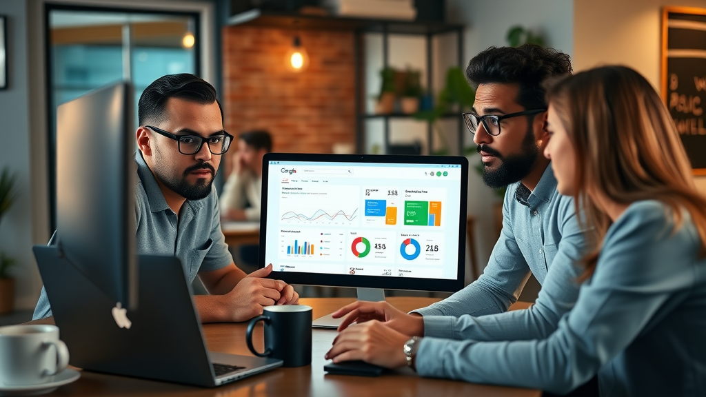 diverse business team discussing Google Ads cost and PPC strategies around a glowing dashboard, cozy startup workspace