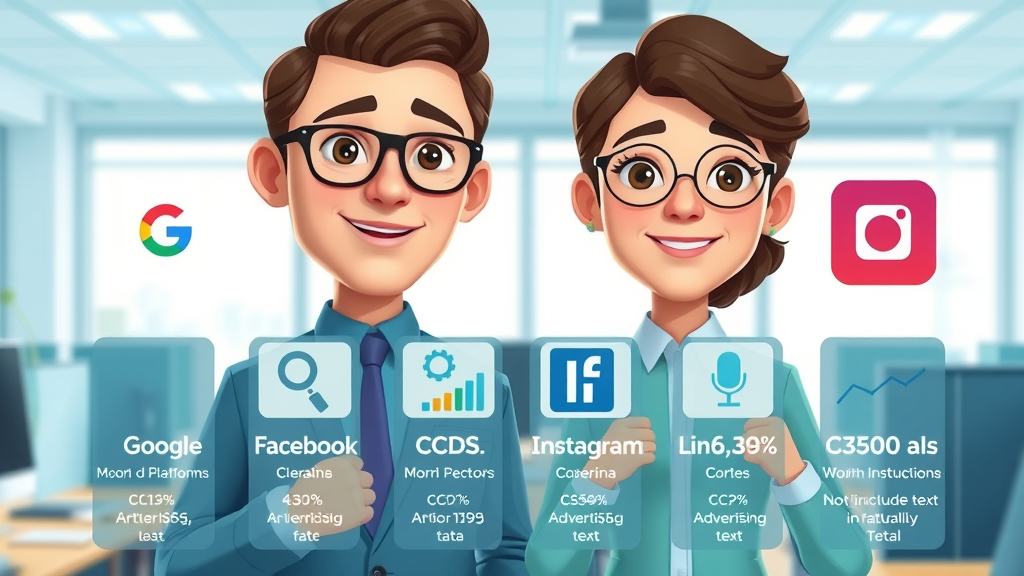 comparison of average cost per click across Google Ads, Facebook, LinkedIn, Instagram with icons and trends graphs