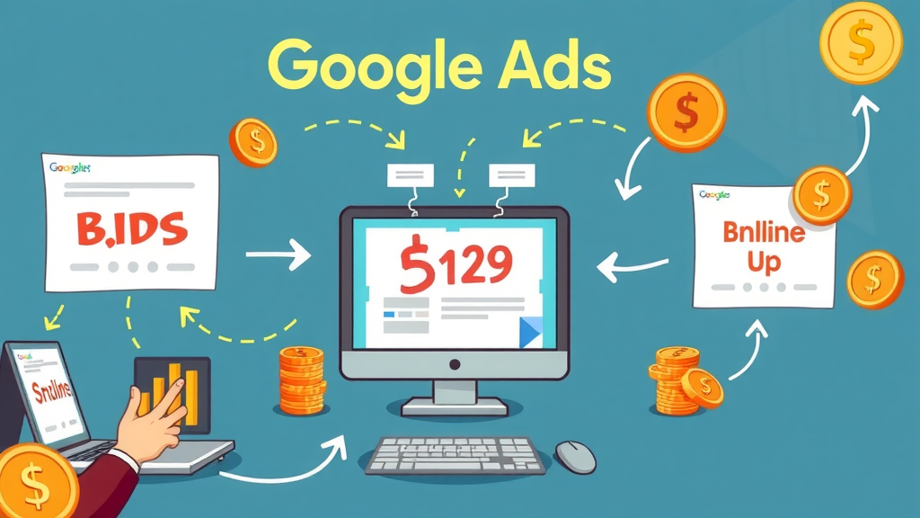 animated flowchart showing Google Ads auction, bidding process, ad spend, and cost per click dynamics