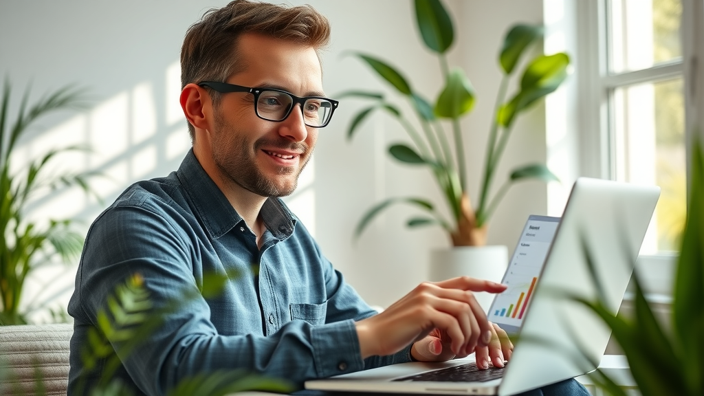 solo entrepreneur monitoring Google Ads performance and optimizing ad spend on a laptop, bright home office