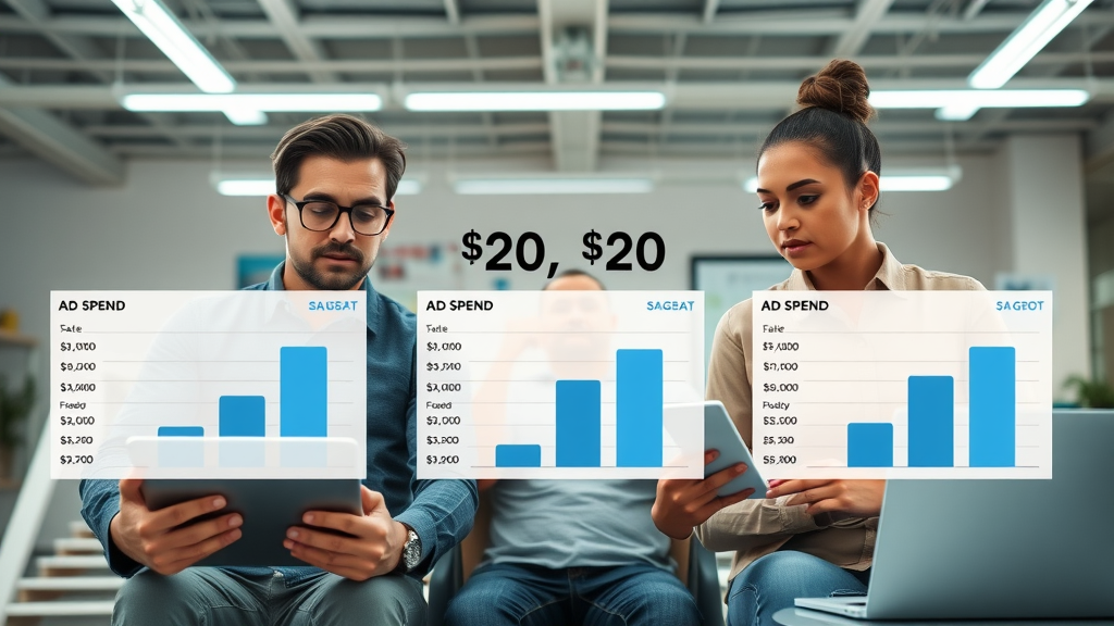 comparison of Google Ads results at $5, $20, and $100 budgets for small businesses, displaying charts, laptops, and budget performance bars