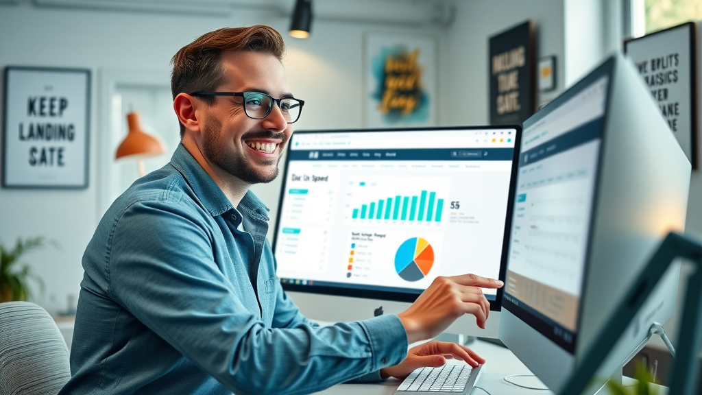 marketer optimizing landing page for Google Ads campaign on computer, highlighting importance for lower ad costs and higher conversion