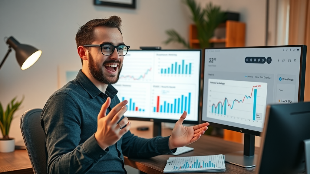 digital marketer reviewing Google Ads performance and monthly budget reporting in a home office with ROI charts