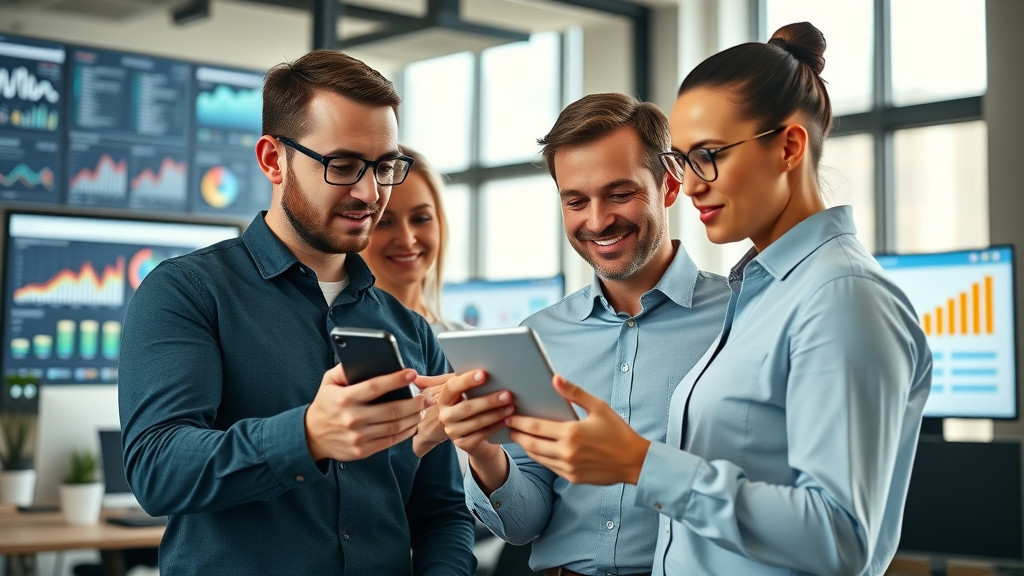 retargeting for mobile apps - marketers collaborating over mobile phone interface, discussing strategies, analytics onscreen, modern digital marketing workspace