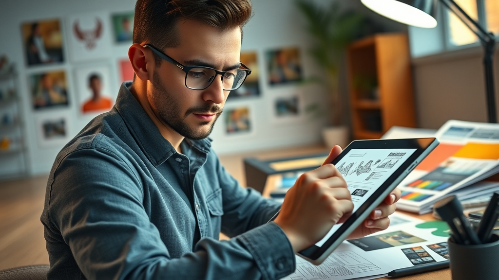 ad creative design for mobile app retargeting campaign, professional designing vibrant banners on tablet, colorful workspace