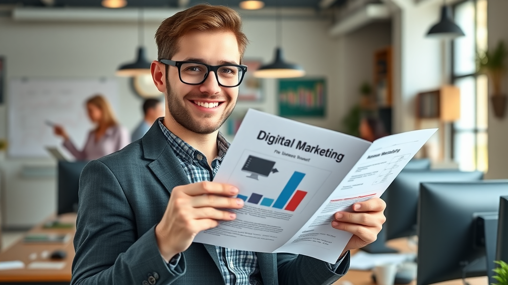 Confident small business owner holding a digital marketing report in a trendy office, cross-channel marketing solutions for small business owners, vibrant, collaborative environment