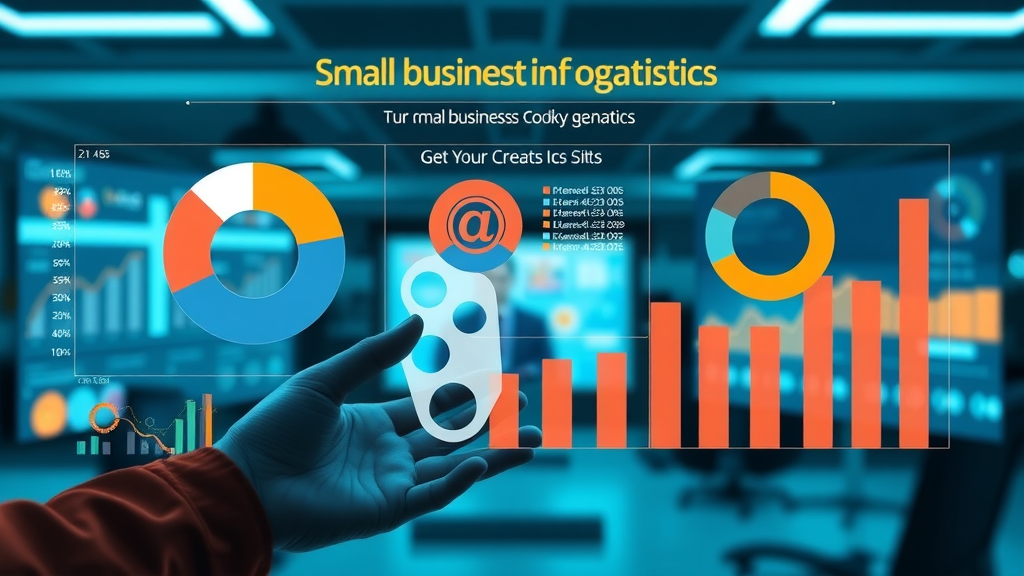 Infographic showing pie charts and bar graphs with small business marketing statistics and cross-channel marketing data, sleek digital office background