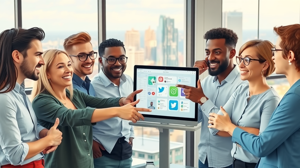 Diverse marketing team collaborating on digital screens showcasing social media platforms, channel marketing strategy in action with city view in background