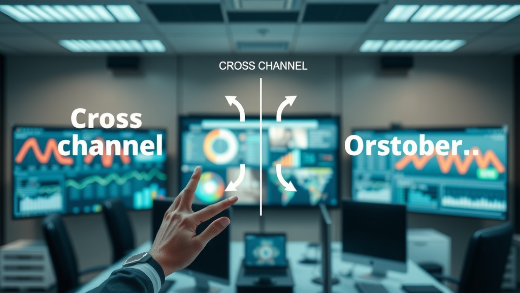 Comparative diagram illustrating cross-channel vs. multichannel vs. omnichannel strategies for small businesses, digital dashboards in background