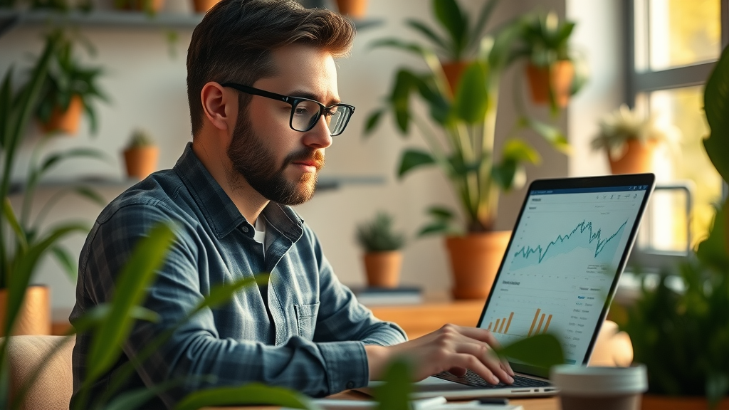 Marketing analyst examining customer data charts on a laptop, leveraging data for targeted cross-channel marketing strategy in a cozy office