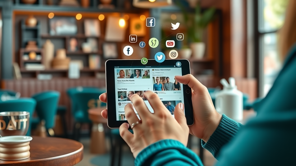 Marketer using a tablet to schedule cross-channel social media posts in a vibrant, branded café for social media management