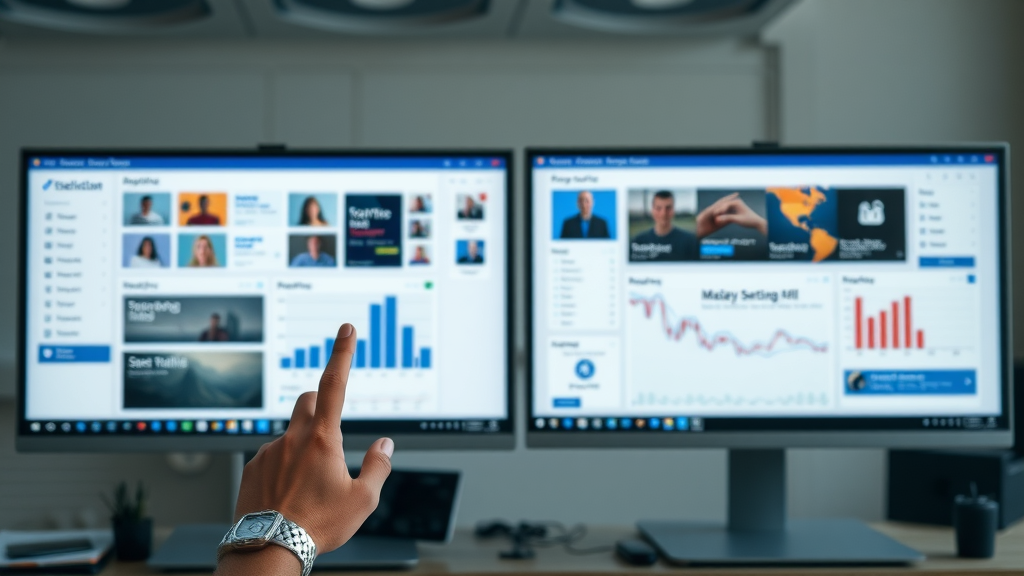Comparative UI screens of top marketing automation and media management tools for cross-channel campaigns, digital agency workspace background