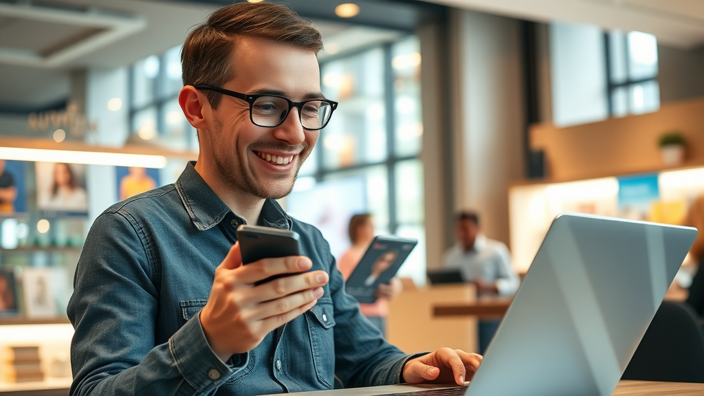 Happy customer interacting with multiple branded touchpoints, optimizing customer journey with cross-channel marketing solutions for small business owners, welcoming store environment