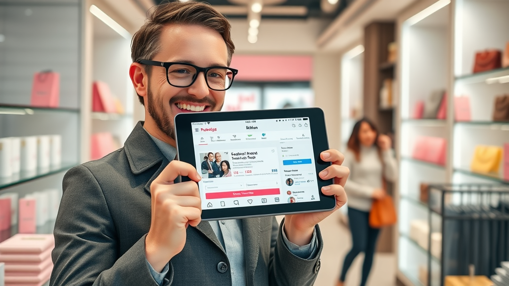 Proud retail owner highlighting social media campaign results in a boutique store environment, demonstrating cross-channel marketing strategy