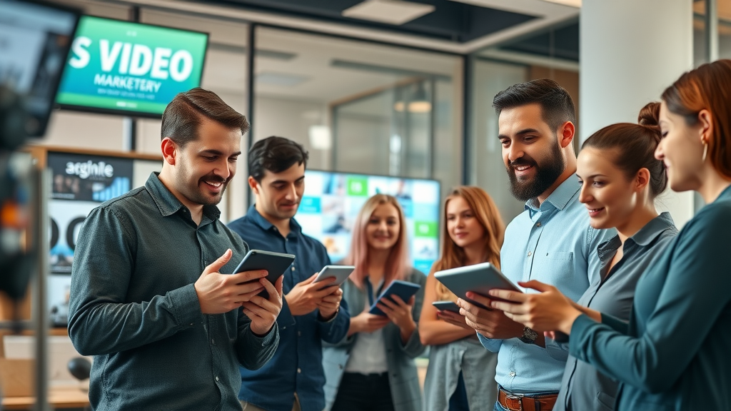 dynamic marketers in a modern office brainstorming video concepts for video marketing for social media engagement