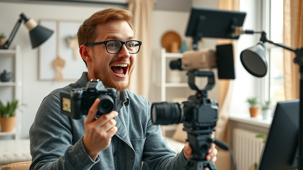 content creator filming a video blog for social media engagement in a cozy home studio