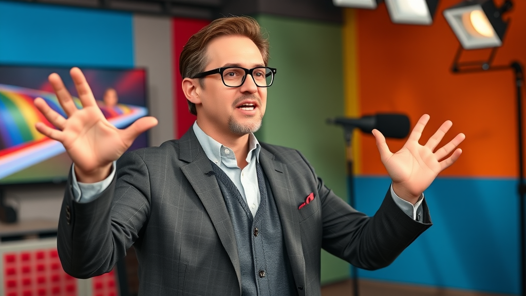 charismatic presenter gesturing to invite viewers to engage with social media video marketing content