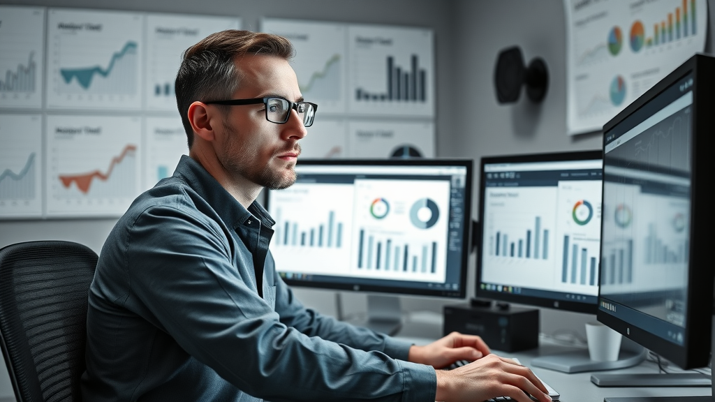analyst comparing social media video performance analytics on computer monitors