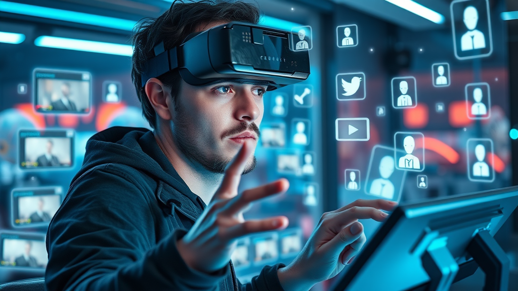 futuristic content creator surrounded by digital short-form videos using advanced social media tools