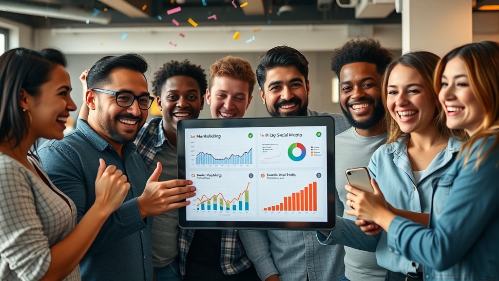 marketing team celebrating social media video marketing success with positive engagement metrics