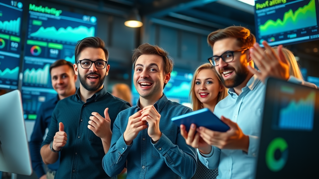 Data-driven marketing team enthusiastically reviewing blog content strategy analytics and business growth metrics