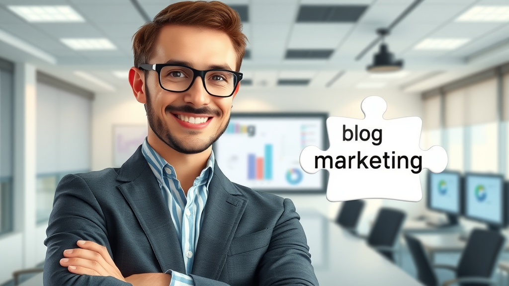 Professional marketer connecting puzzle pieces labeled blog and marketing—content strategy in action