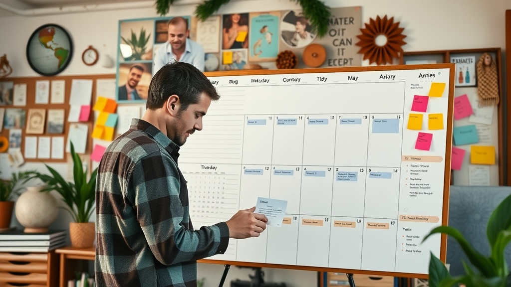 Content creator planning blog strategy using content calendar tools and organizational templates