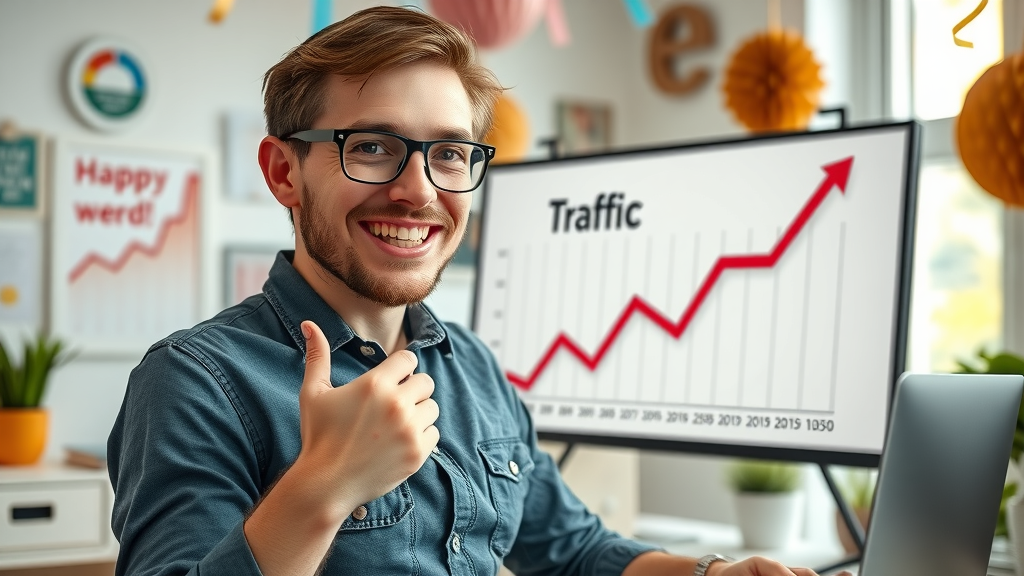 Successful blogger celebrating increased blog traffic—key goal of strategic blog content
