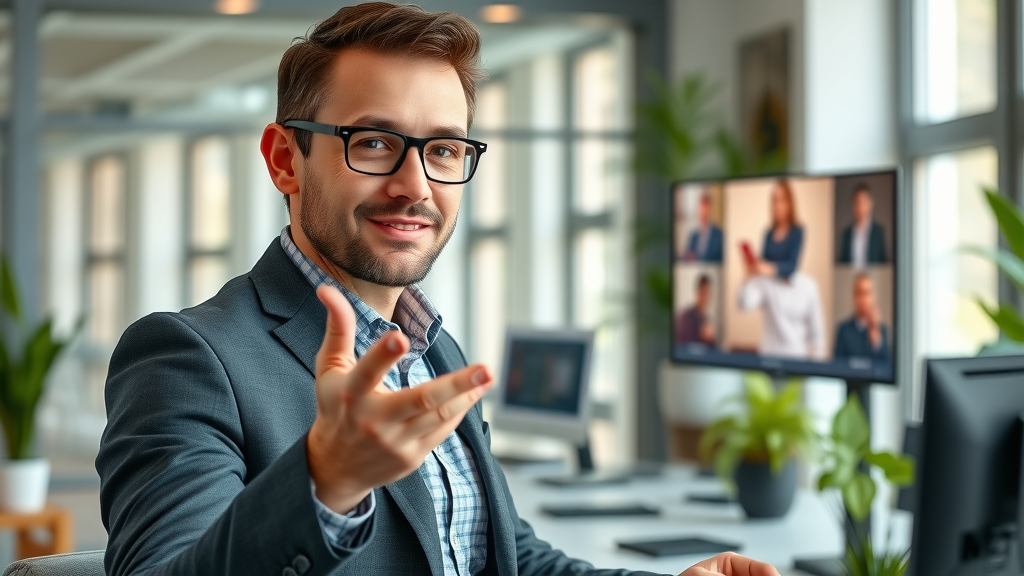 engaging business blogger gestures to video thumbnail for engagement and SEO