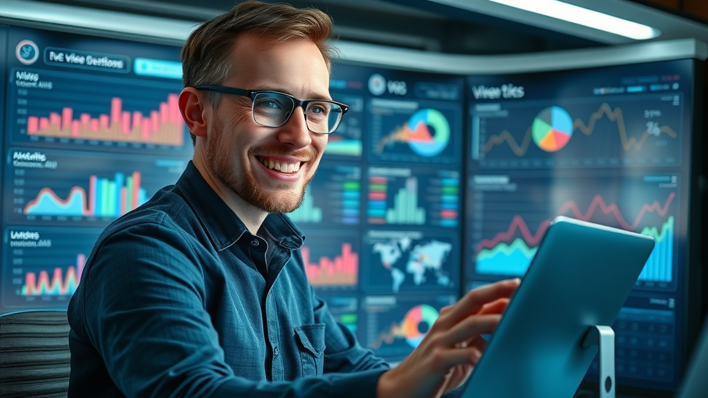 blogger analyzing video content analytics dashboard for strategic blog growth